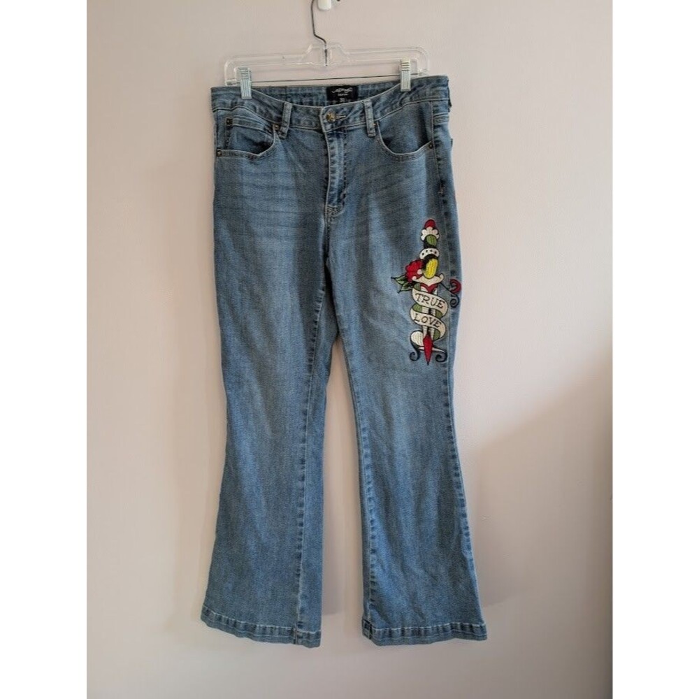 Y2K ED HARDY WOMENS BOOT CUT JEAN LOW RISE IN MEDIUM VINTAGE BLUE SZ 32